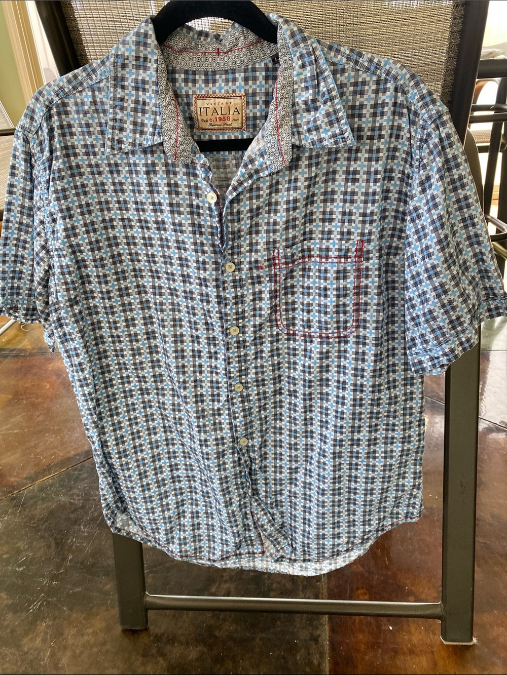 Italina Blue, White and Gray Plaid Short Sleeve Button-Down Shirt